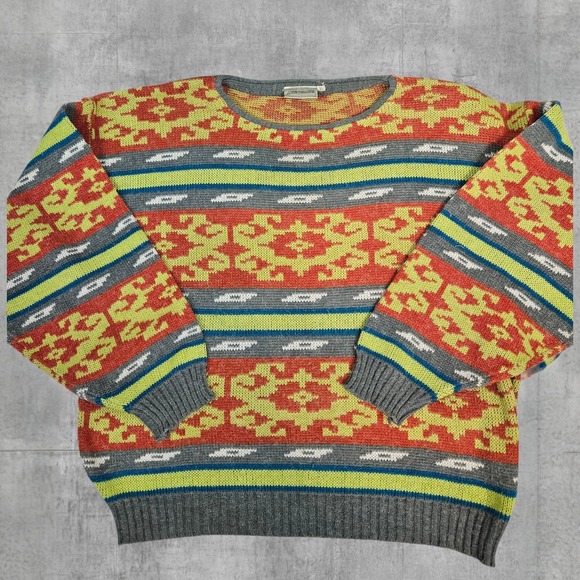 Vintage Martomod Geometric Knit Sweater Mens Large Orange Yellow Fair Isle Retro